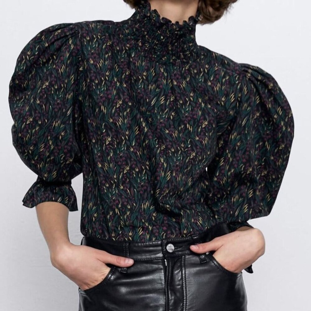 Zara Zip Up Dark Floral Turtleneck Top NWT